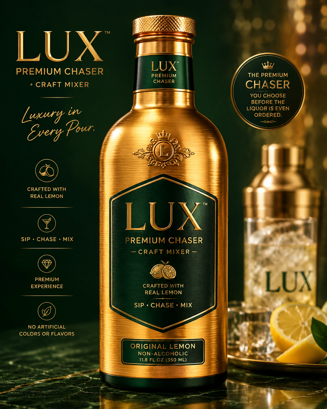 Lux Premium Chaser gold bottle with deep green label